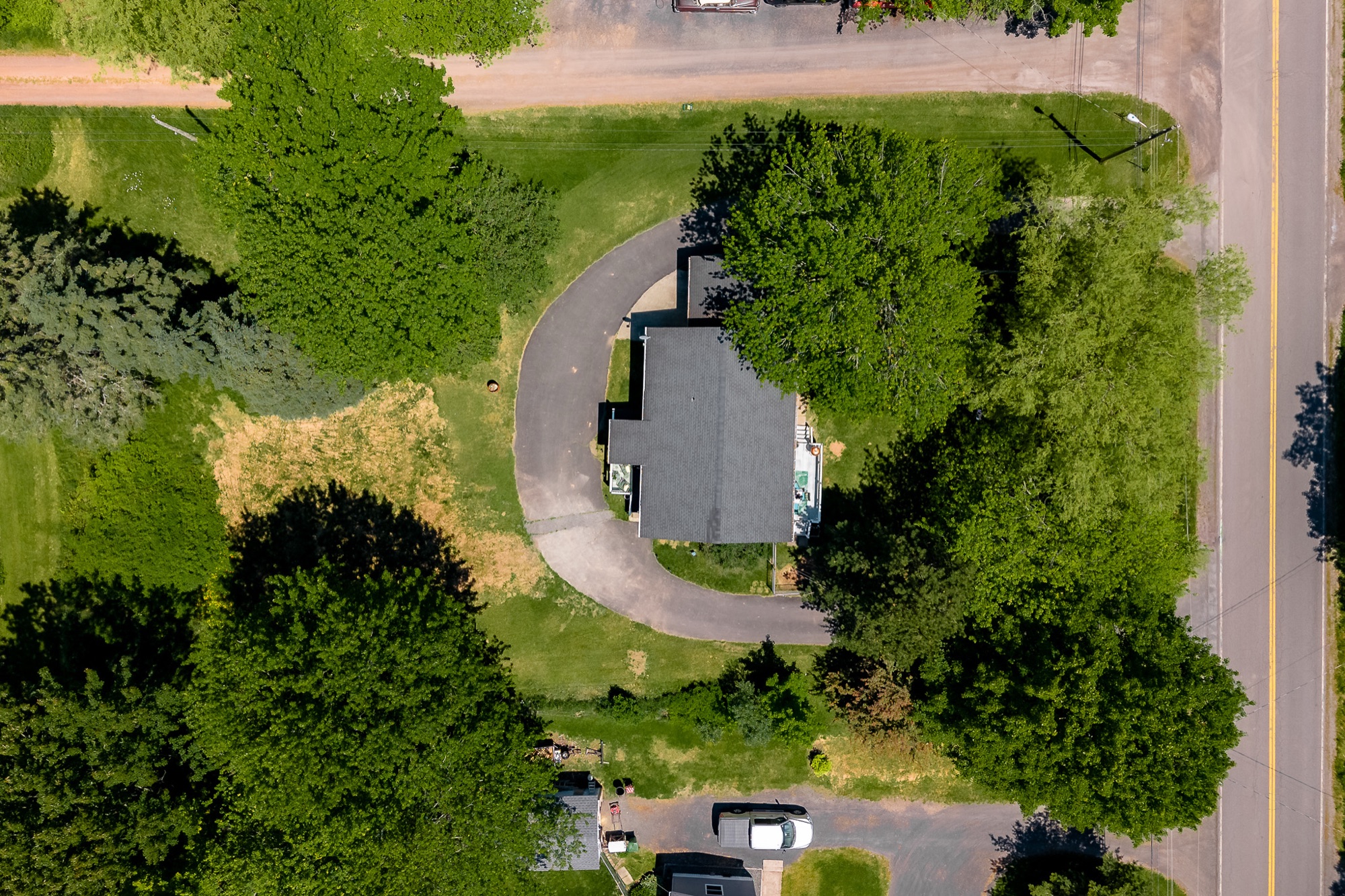 Overhead view of the home and driveway