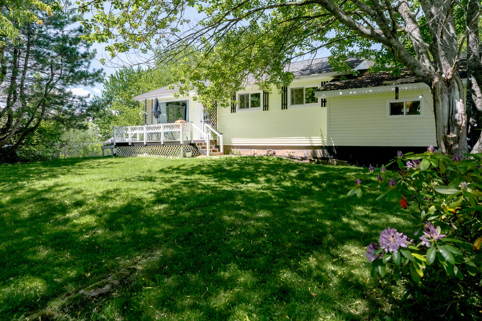 Side view of the home with rhododendron in bloom