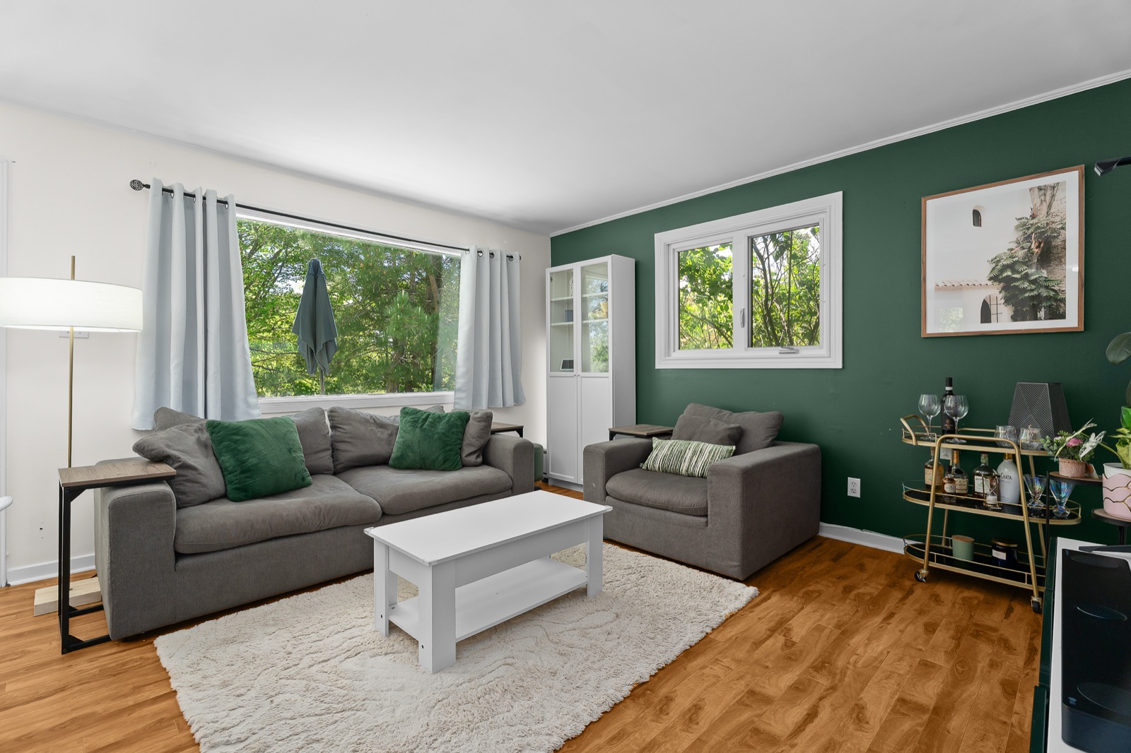 Living room with a deep green accent wall and hardwood floors
